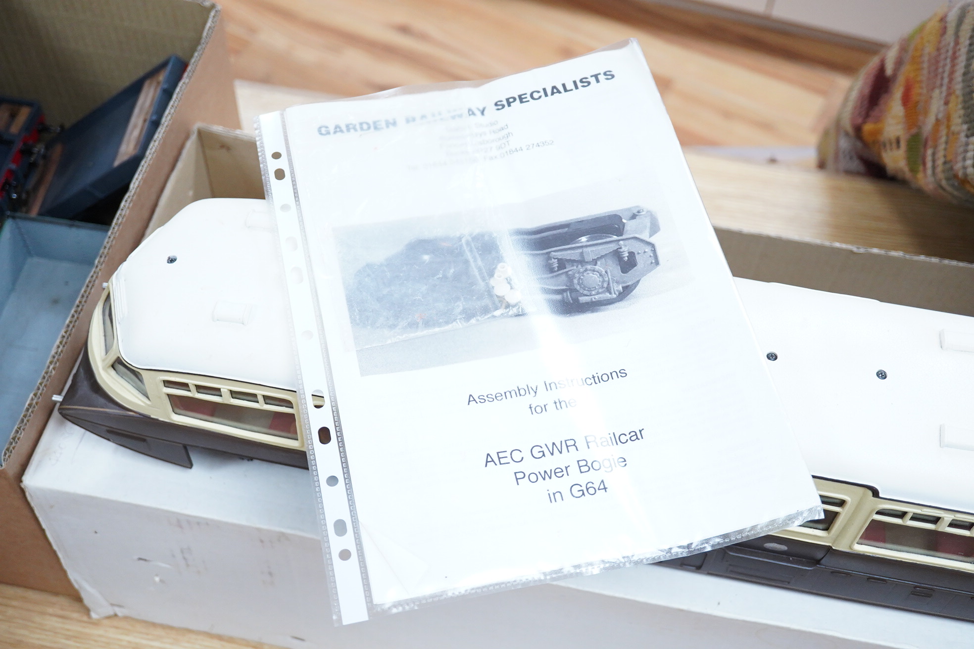 A Gauge 3 model railway GWR 'Flying Banana' railcar, radio controlled kit built from a GRS (Garden Railway Specialists) kit, with original assembly instructions